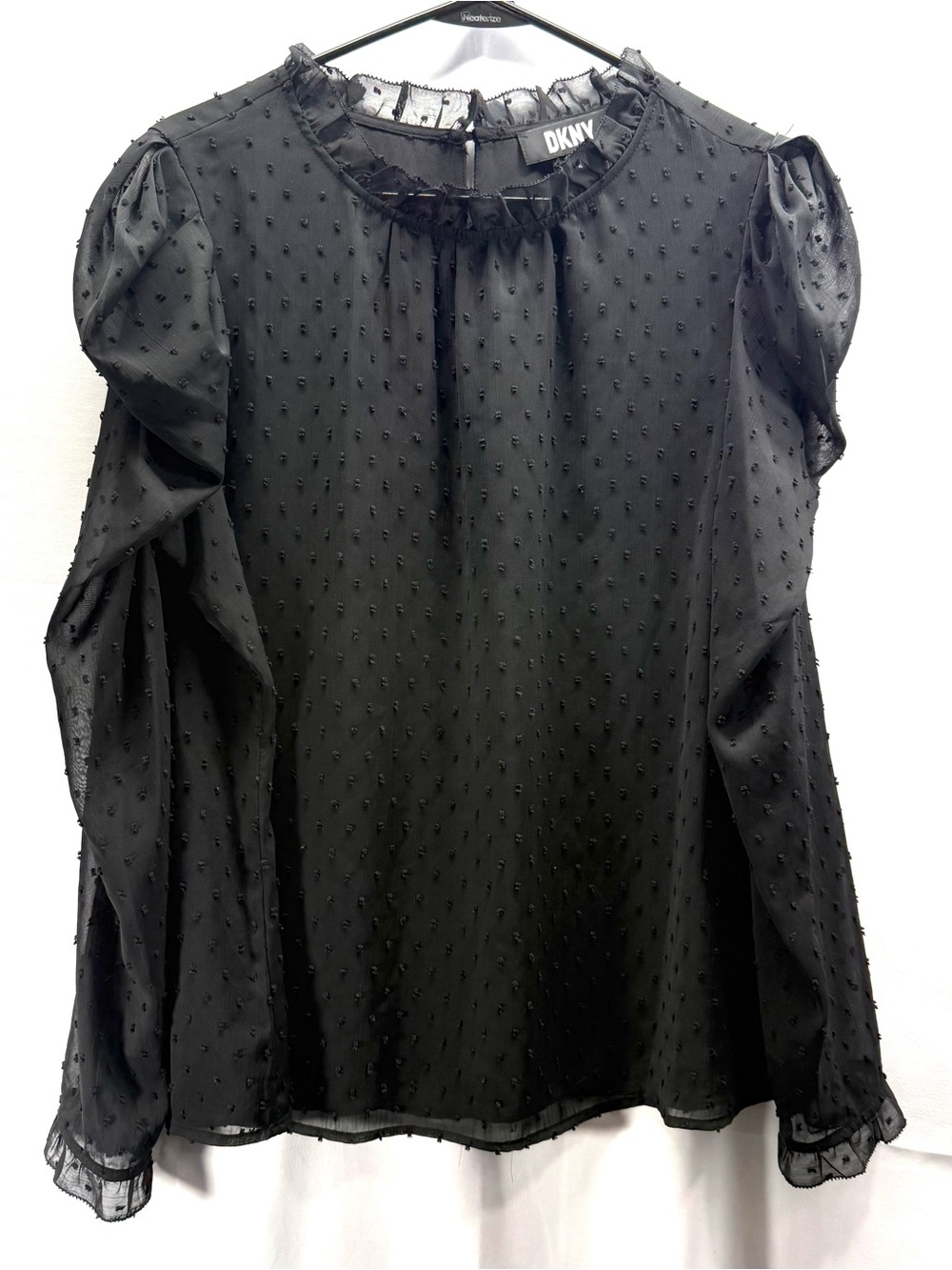 DKNY Black Swiss Dot Sheer Sleeves Ruffle-Neck Blouse Size XL
